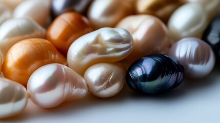 Iridescent Freshwater Pearls Displaying Various Colors on White Surface
