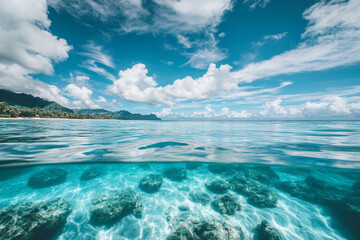 Arafed mountain with a lake and a light house in the foreground