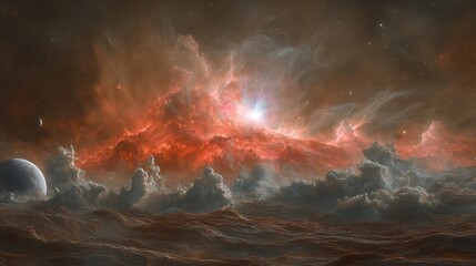 A vibrant nebula shines above a celestial landscape with planets