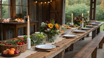 farm-to-table Rustic dining setup with flowers, candles, and fresh produce on a wooden table in a cozy setting.