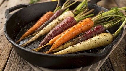 farm-to-table Freshly harvested rainbow carrots in a cast iron skillet on a rustic wooden surface.