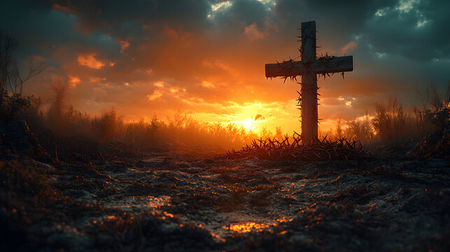 A solemn and evocative Holy Saturday scene, captured on April 19, depicting a rugged wooden cross wrapped in sharp thorns standing against a dramatic sunset.