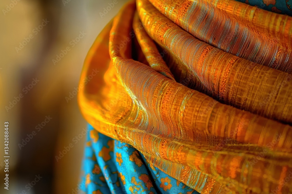 Poster a vibrant display of intricately woven orange and blue fabric folds creating a rich tapestry of colo