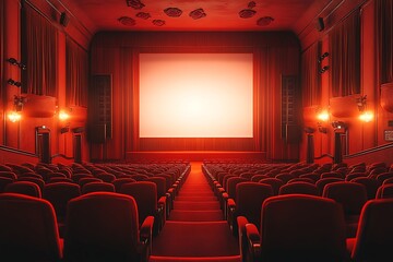 Fototapeta premium Empty Red Cinema Auditorium with Big Screen, Classic Movie Theater Interior