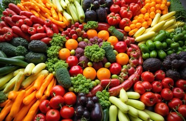 Assortment of fresh vegetables, fruits arranged in pattern. Colorful vibrant display of green, red, yellow, purple, orange produce. Healthy organic diet ingredients on harvest market. Various food,