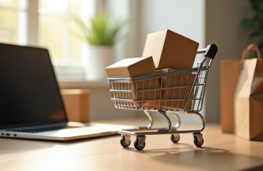 Online shopping concept. Trolley with boxes, shopping bag, laptop. E-commerce retail market, online purchase, selling products. Contactless delivery service, digital payment, consumerism, home order.