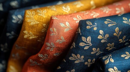 Colorful fabrics with golden leaf patterns creating a stunning display