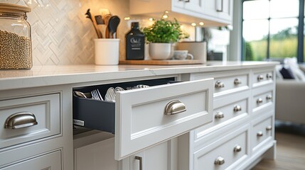 Open kitchen drawer displaying silverware with other kitchen accessories visible