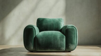 This is a computer-generated image of an emerald green, modern chair with plush, soft fabric.
