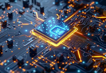 A close-up of an AI chip on top of a circuit board, with vibrant blue and yellow lighting effects creating intricate patterns around it. The background is filled with complex geometric shapes .