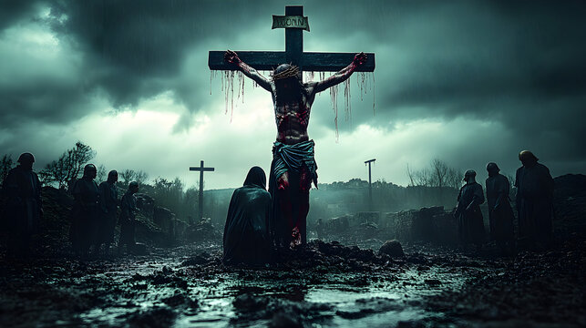 A dramatic and emotional scene depicting Jesus Christ on the cross during the crucifixion, with a dark stormy sky symbolizing sorrow and sacrifice. - Powered by Adobe