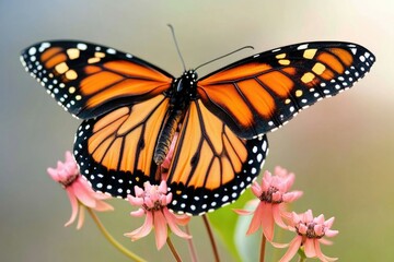 Fototapeta premium A monarch butterfly with vibrant orange and black wings delicately rests on a cluster of soft pink flowers.