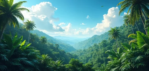  Rich green jungle panorama with mountains, clear blue sky, white clouds. Sunny tropical landscape with palm trees in rainforest, natural wonders, stunning view. Exotic vacation destination, beautiful © Pete