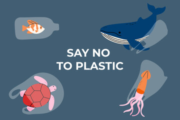 Say No to Plastic - Marine life pollution awareness illustration. Stop ocean plastic waste. Save sea animals. Eco-friendly, environmental protection graphic