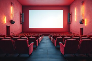Fototapeta premium Empty Red Cinema Seats Facing Blank Screen Modern Movie Theater Interior