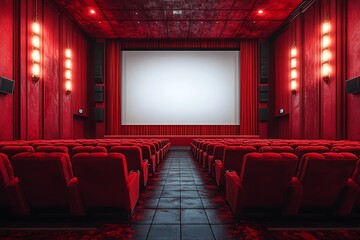 Luxurious Red Cinema Auditorium Interior Empty Seats, Large Screen, and Dramatic Lighting