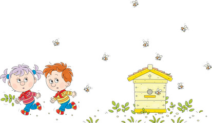 Funny little boy and girl in fear quickly running away from angry striped bees buzzing around their beehive in a garden, vector cartoon illustration on white