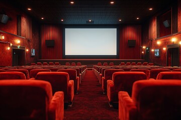 Fototapeta premium Empty Red Velvet Cinema Seats, Movie Theater Interior, Blank Screen