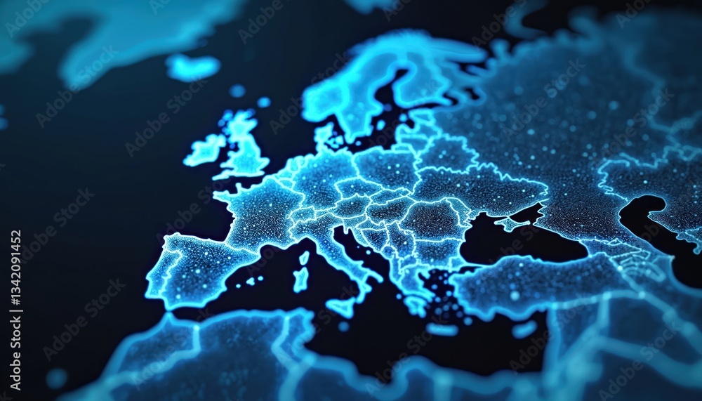 Poster networked europe map displays continent with blue lines, nodes. futuristic tech interface emphasizes