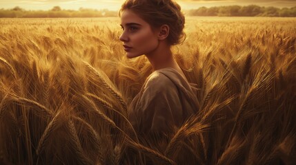 A cinematic scene of Ruth from the Bible, standing in a golden wheat field at sunset, gathering stalks of grain with gentle hands. Her face glows with kindness and quiet determination․