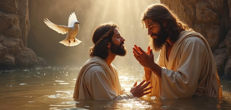 John baptizes Jesus in Jordan River. Moment of spiritual cleansing, divine affirmation. Dove descends as symbol of Holy Spirit. Religious ritual. Faith, tradition. Water, sunlight evoke holiness.