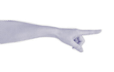 Human hand in dotted halftone pop art style pointing on the right. Halftone woman hand isolated on transparent background. Collage element for posters, banner, mixed media design