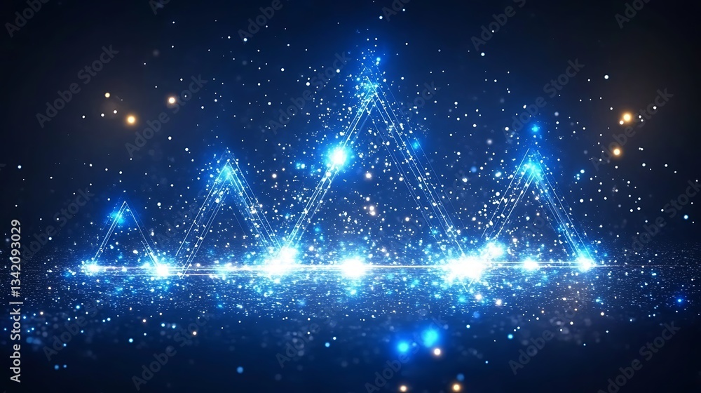 Poster bright glowing blue triangle structures amongst sparkly particles on display