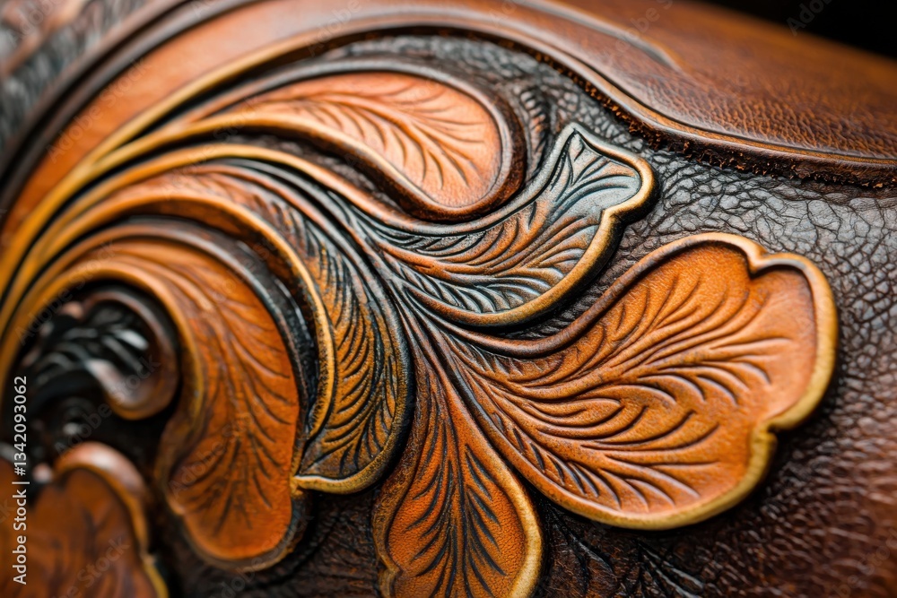 Poster close-up of a meticulously crafted leather with an intricate floral pattern, highlighting the crafts