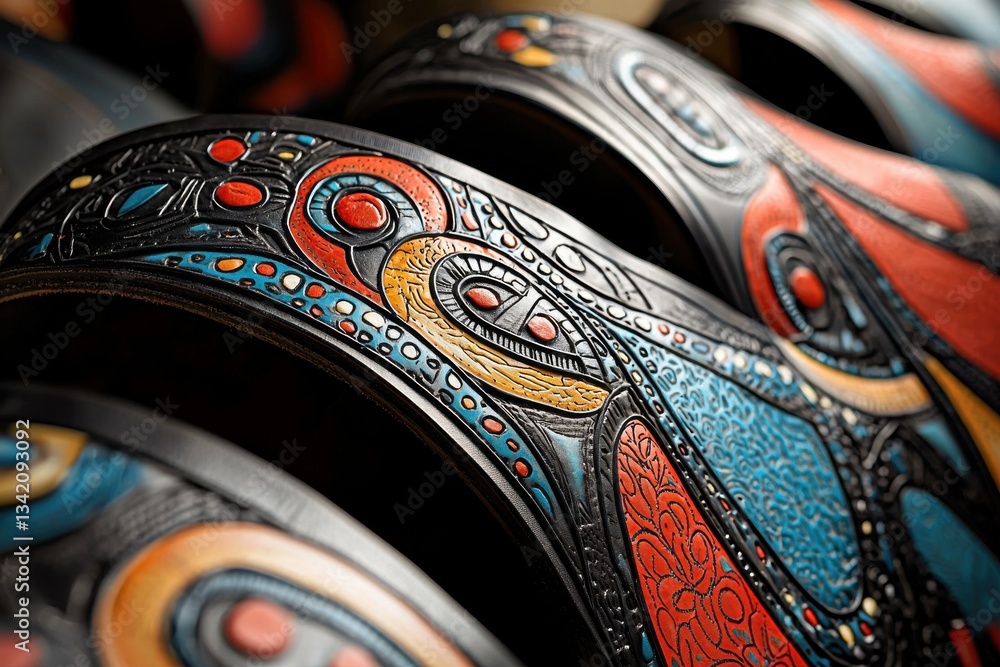 Poster close up abstract art of saddles with detailed colorful patterns and intricate designs, a unique and
