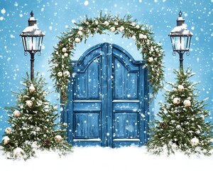 Snowy winter scene with blue door and decorated trees presents a gateway