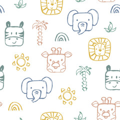 Square face jungle animals seamless pattern. Lion, elephant, giraffe, and zebra hand draw in sketch style. Doodle style line art.