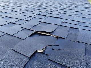 Close up of a damaged roof with shingles missing or lifted
