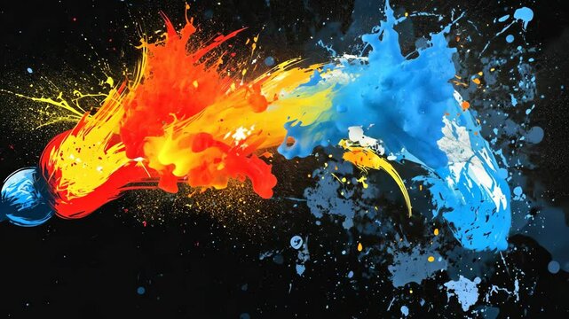 Vibrant splashes of color and energy create an abstract composition with dynamic movement and contrast between warm and cool tones