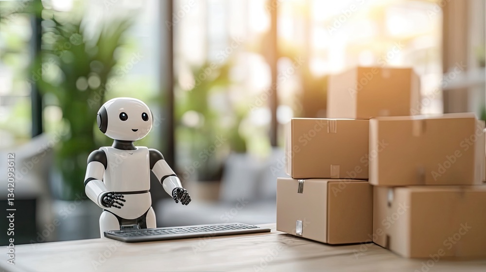 Poster a small robot sits at a desk in front of a stack of cardboard boxes, appearing to work in a warehous