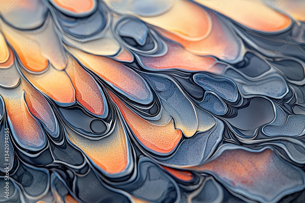 Poster abstract, surreal and colorful background with swirling lines and shapes, combining warm orange with