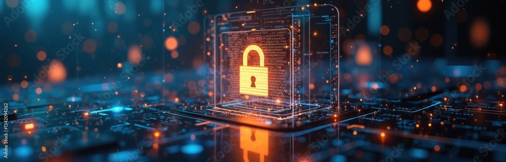 Poster Glowing padlock on futuristic tech circuit board protects digital data, cyber security concept. Holographic protection panels safeguard intellectual property assets in virtual reality, encryption