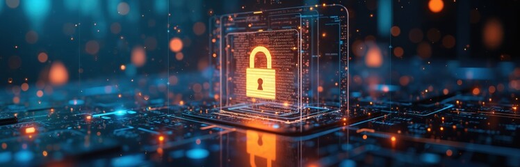 Glowing padlock on futuristic tech circuit board protects digital data, cyber security concept. Holographic protection panels safeguard intellectual property assets in virtual reality, encryption