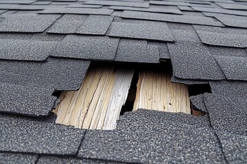 A damaged asphalt shingle roof shows exposed structural wood