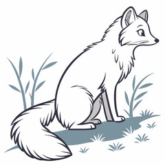 Obraz premium Arctic Fox Illustration: A charming illustration of an arctic fox sitting amidst stylized grasses. The fox's white fur and alert expression are beautifully rendered in a simple, elegant style. 