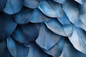Close-up view of overlapping, textured blue feathers, showcasing intricate details and a smooth surface.