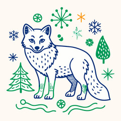 Festive Fox: A charming arctic fox, drawn in a whimsical line art style, surrounded by colorful snowflakes and evergreen trees, evokes the magic of winter and the festive season.