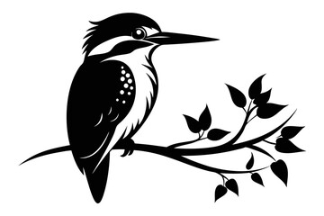 kingfisher sitting on a branch line art silhouette vector illustration