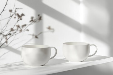 Two white mugs on shelf, sunlight shadows, dried branch