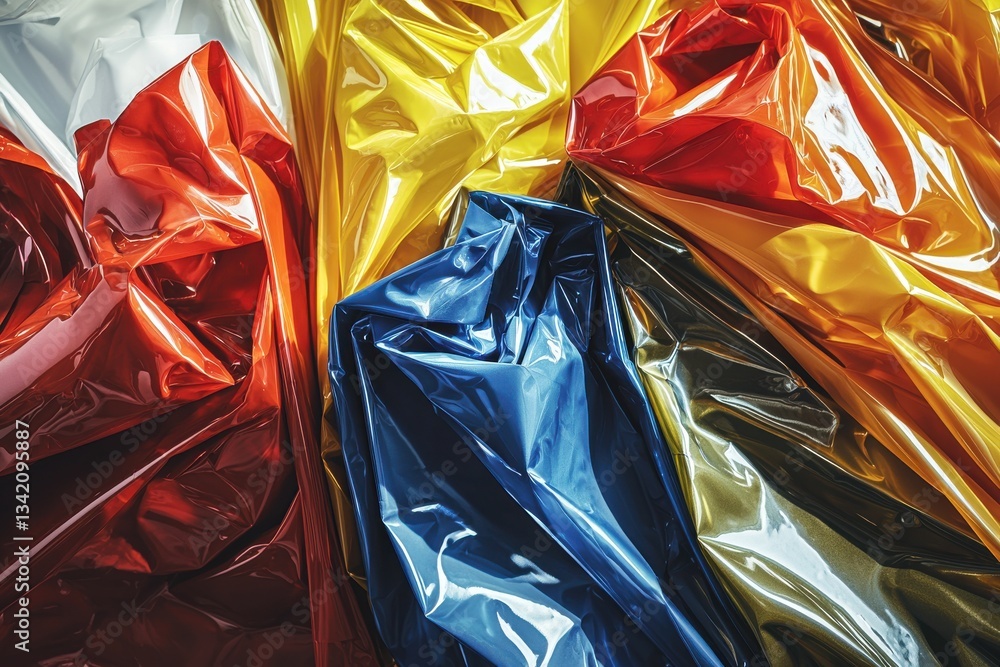 Poster a vibrant tapestry of glossy, colorful plastic sheets artfully arranged, creating a striking abstrac