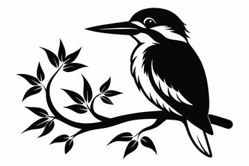 kingfisher sitting on a branch line art silhouette vector illustration