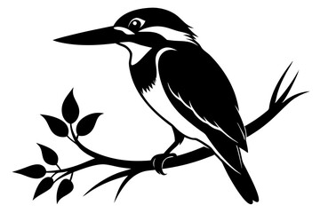 kingfisher sitting on a branch line art silhouette vector illustration