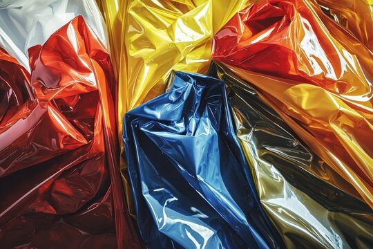A vibrant tapestry of glossy, colorful plastic sheets artfully arranged, creating a striking abstract composition with reflective surfaces and dynamic interplay of light and shadow.