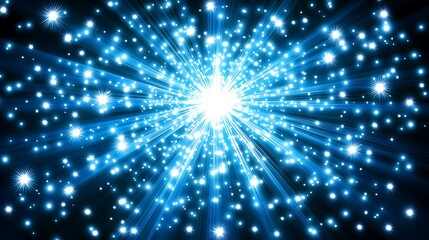 Fototapeta premium Bright blue light radiates outwards with glowing star particles