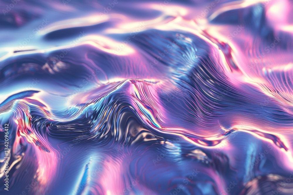 Poster abstract iridescent texture with wavy lines and vibrant light reflections, creating a futuristic, me