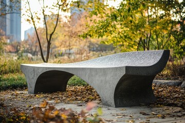 Minimalistic Cement Bench in Urban Park Landscape